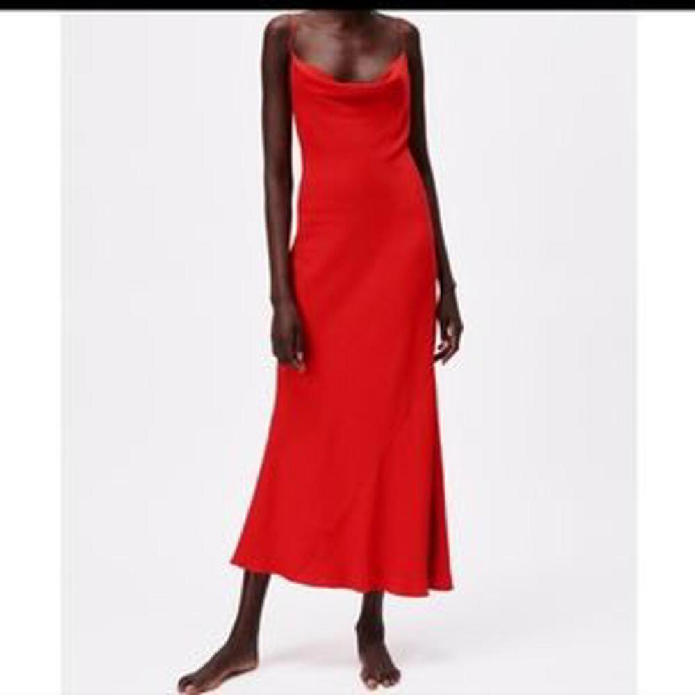 Zara - Red Midi Slip Dress with Cowl Neck - Size XL
